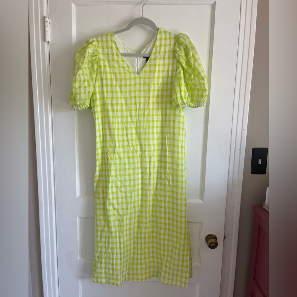 S, Halogen lime/chartreuse gingham puff sleeve dress